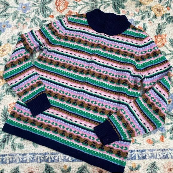 J. Crew Mock Neck Fair Isle Sweater M Medium Pink Navy Blue Green Brown - Picture 2 of 6